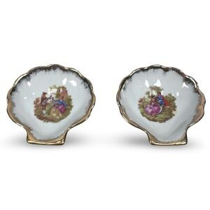 Vintage Limoges Porcelain Shell Trinket Dish Set 2 Fragonard Courting Couple